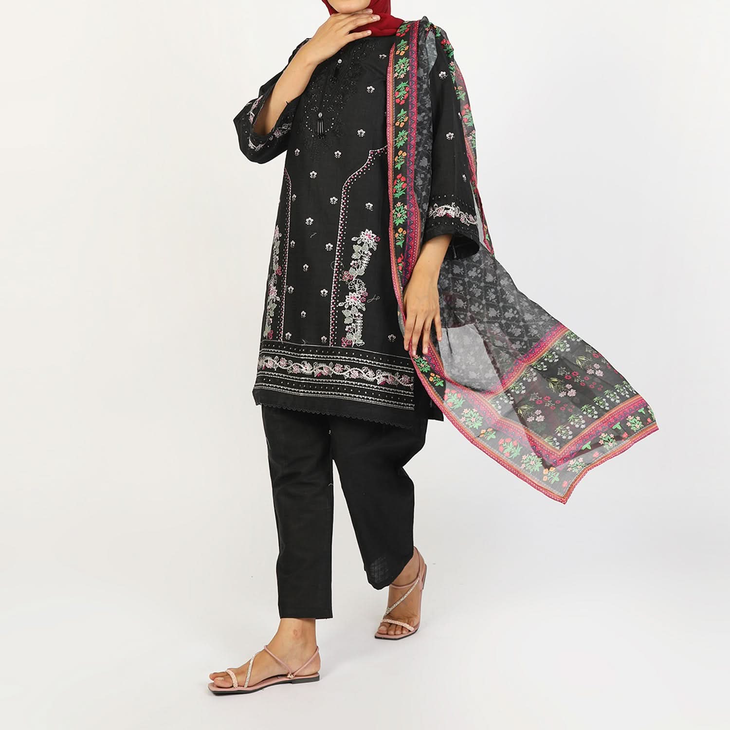 Women’s Stitched 3-Piece Cotton Suit – Black, Women Shalwar Suits, Chase Value, Chase Value