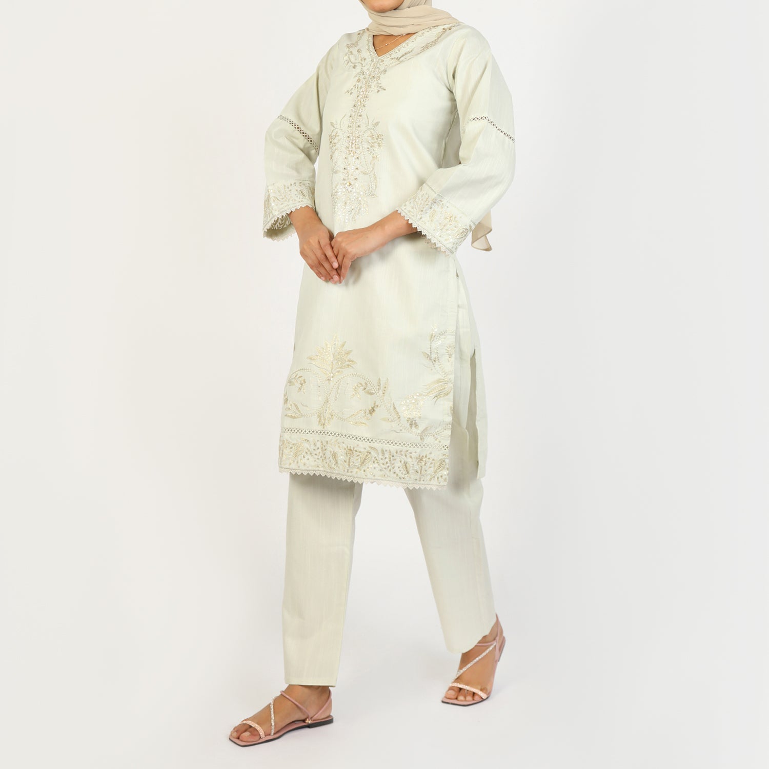 Women's Slub 2Pcs Suit - Pista, Women Shalwar Suits, Chase Value, Chase Value