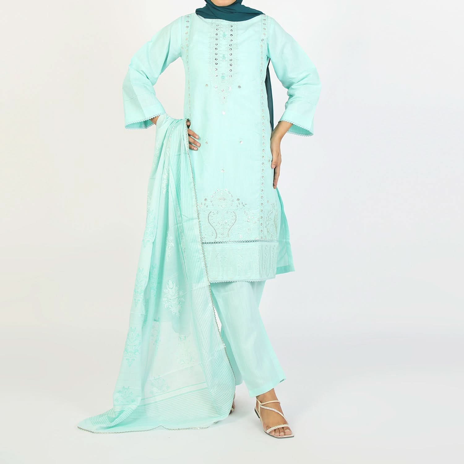 Women's Embroidered Jacquard 3Pcs Suit - Turquoise, Women Shalwar Suits, Chase Value, Chase Value
