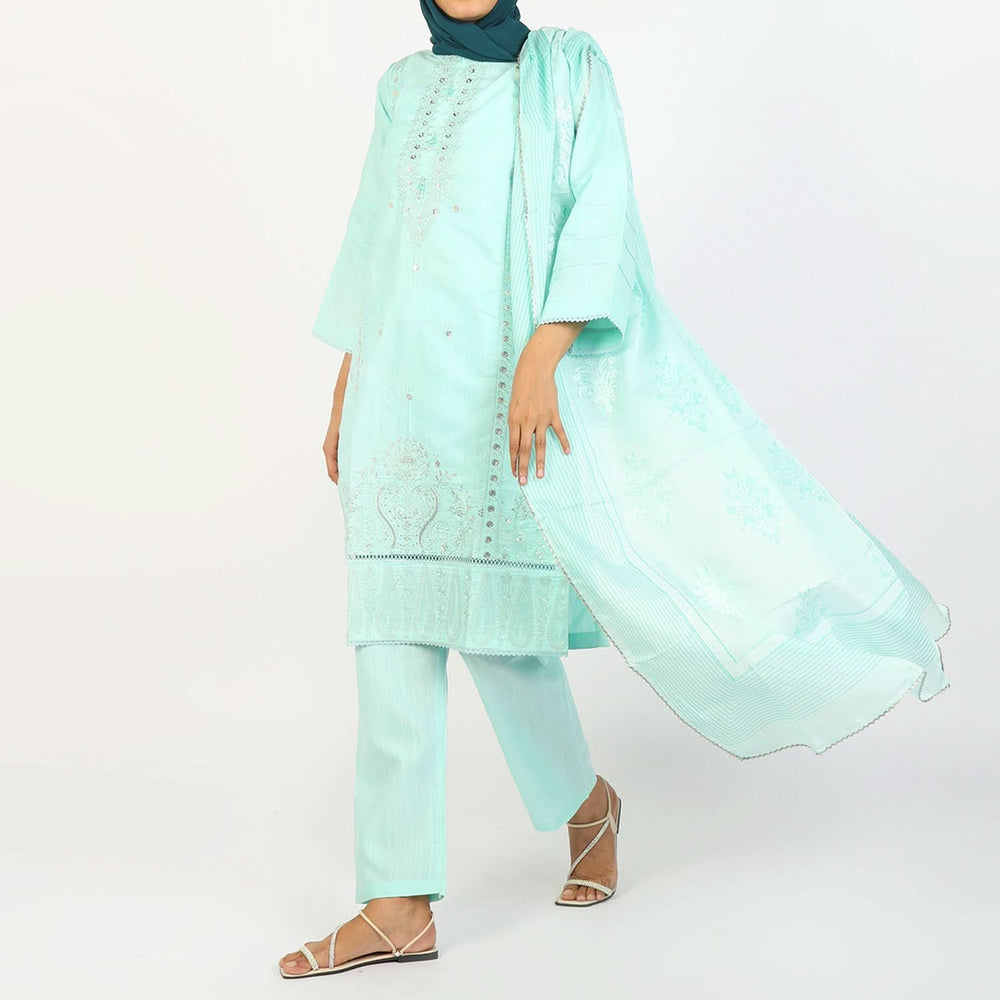 Women's Embroidered Jacquard 3Pcs Suit - Turquoise, Women Shalwar Suits, Chase Value, Chase Value
