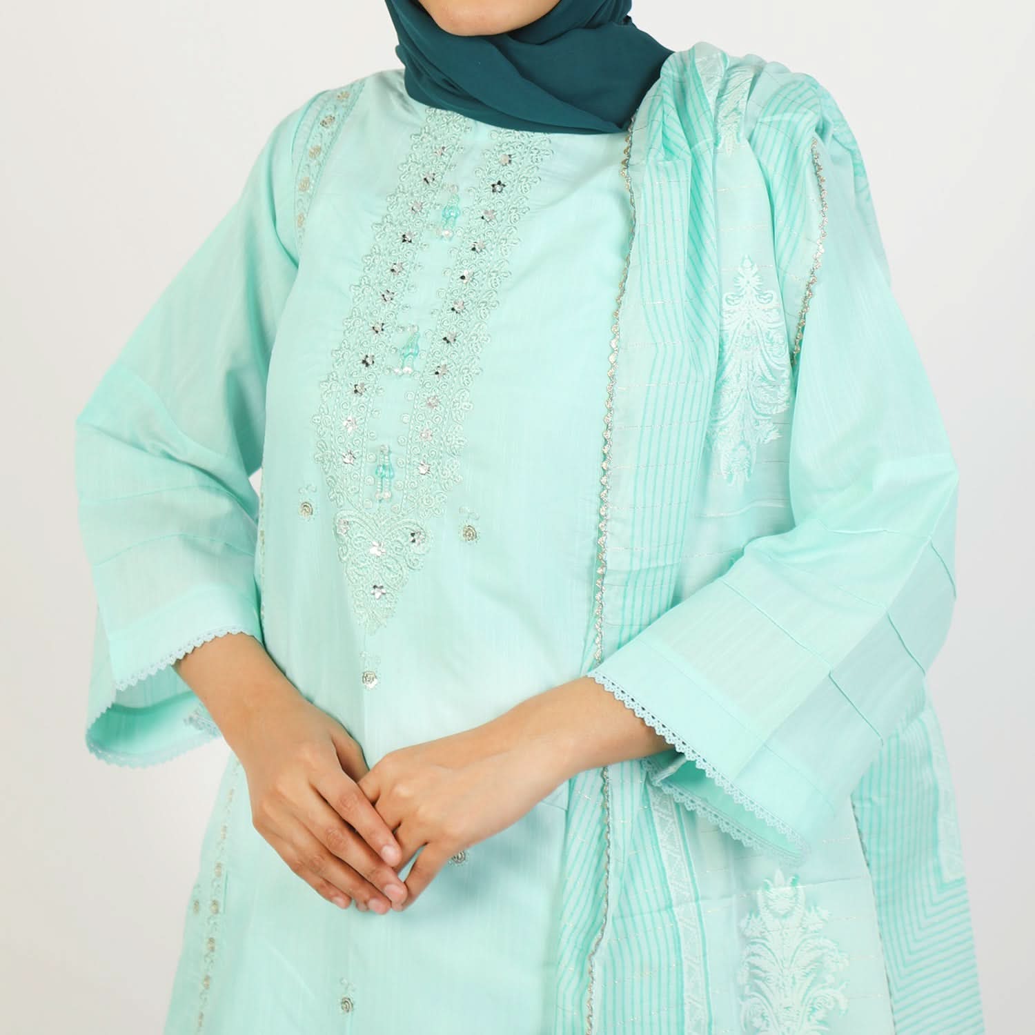 Women's Embroidered Jacquard 3Pcs Suit - Turquoise, Women Shalwar Suits, Chase Value, Chase Value