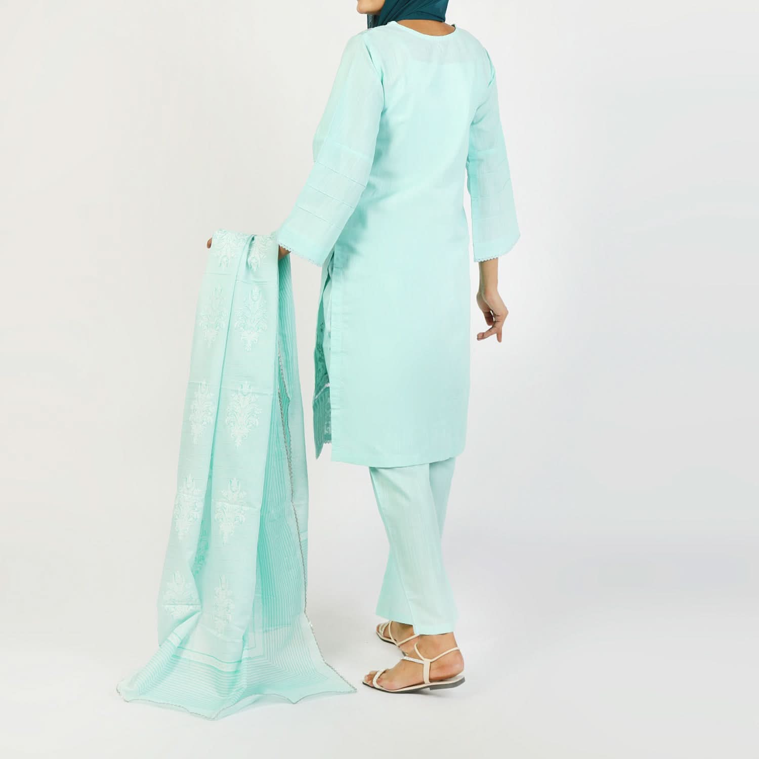 Women's Embroidered Jacquard 3Pcs Suit - Turquoise, Women Shalwar Suits, Chase Value, Chase Value