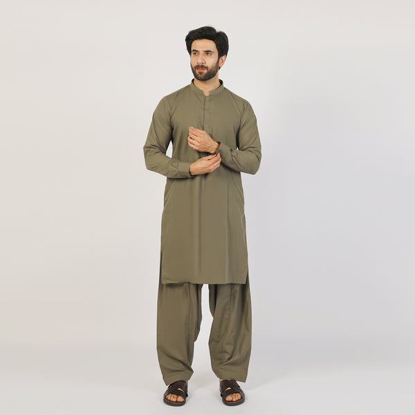 Eminent Men's Trim Fit Plain Shalwar Suits - Olive