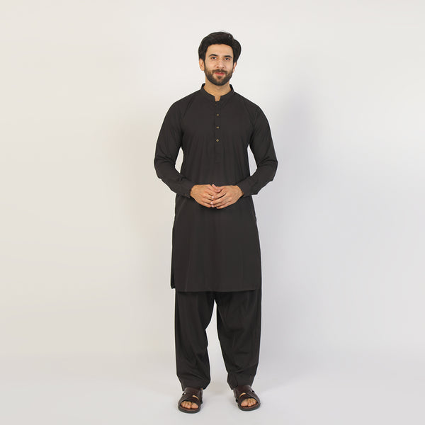 Eminent Men's Trim Fit Plain Shalwar Suits - Black Frost