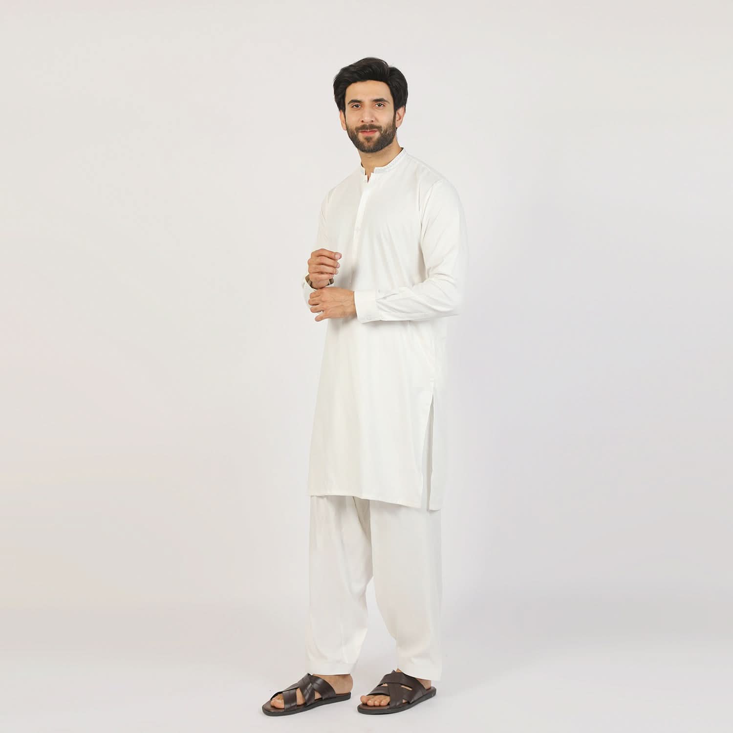 Eminent Men's Trim Fit Embroidered Shalwar Suit - White, Men's Shalwar Kameez, Eminent, Chase Value