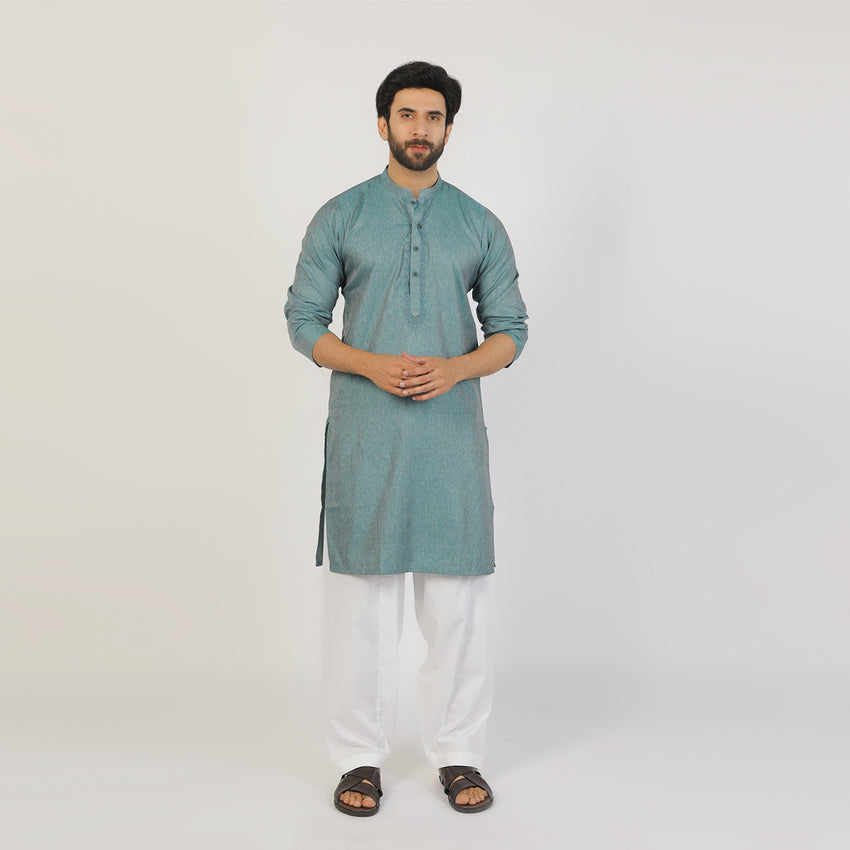 Men's Slim Fit Embroidered Kurta - Green
