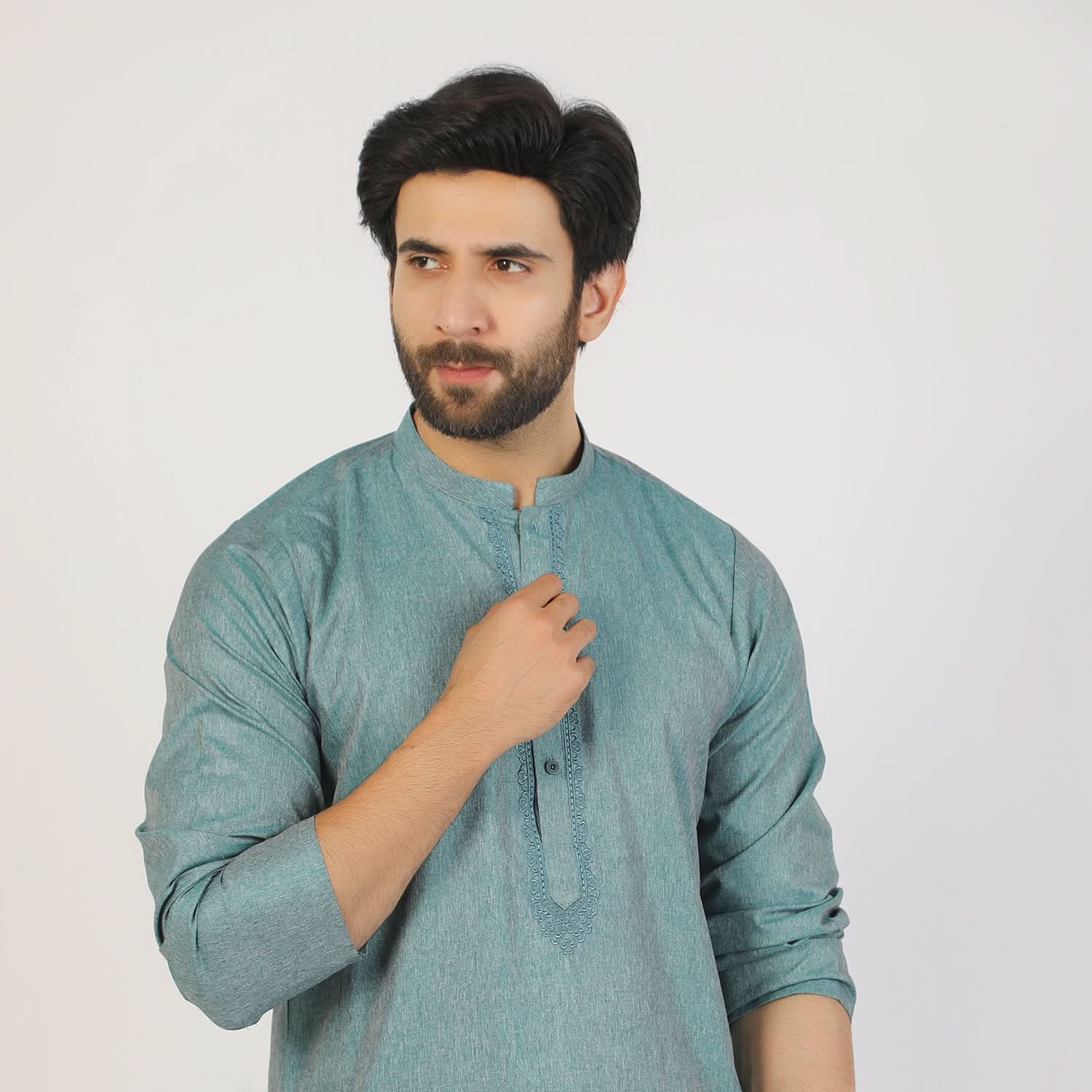 Men's Slim Fit Embroidered Kurta - Green, Men's Kurtas, Chase Value, Chase Value