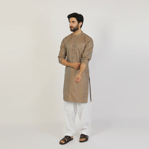Men's Slim Fit Embroidered Kurta - Brown