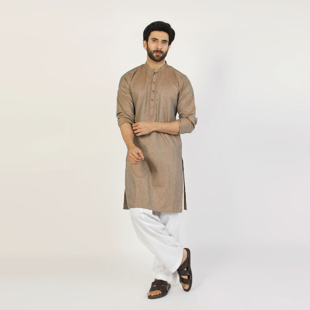 Men's Slim Fit Embroidered Kurta - Brown, Men's Kurtas, Chase Value, Chase Value