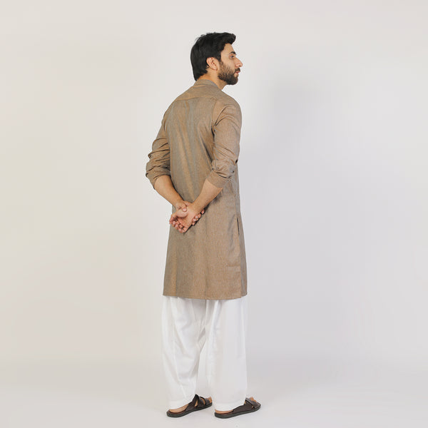 Men's Slim Fit Embroidered Kurta - Brown