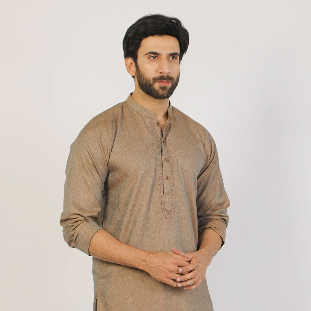 Men's Slim Fit Embroidered Kurta - Brown, Men's Kurtas, Chase Value, Chase Value