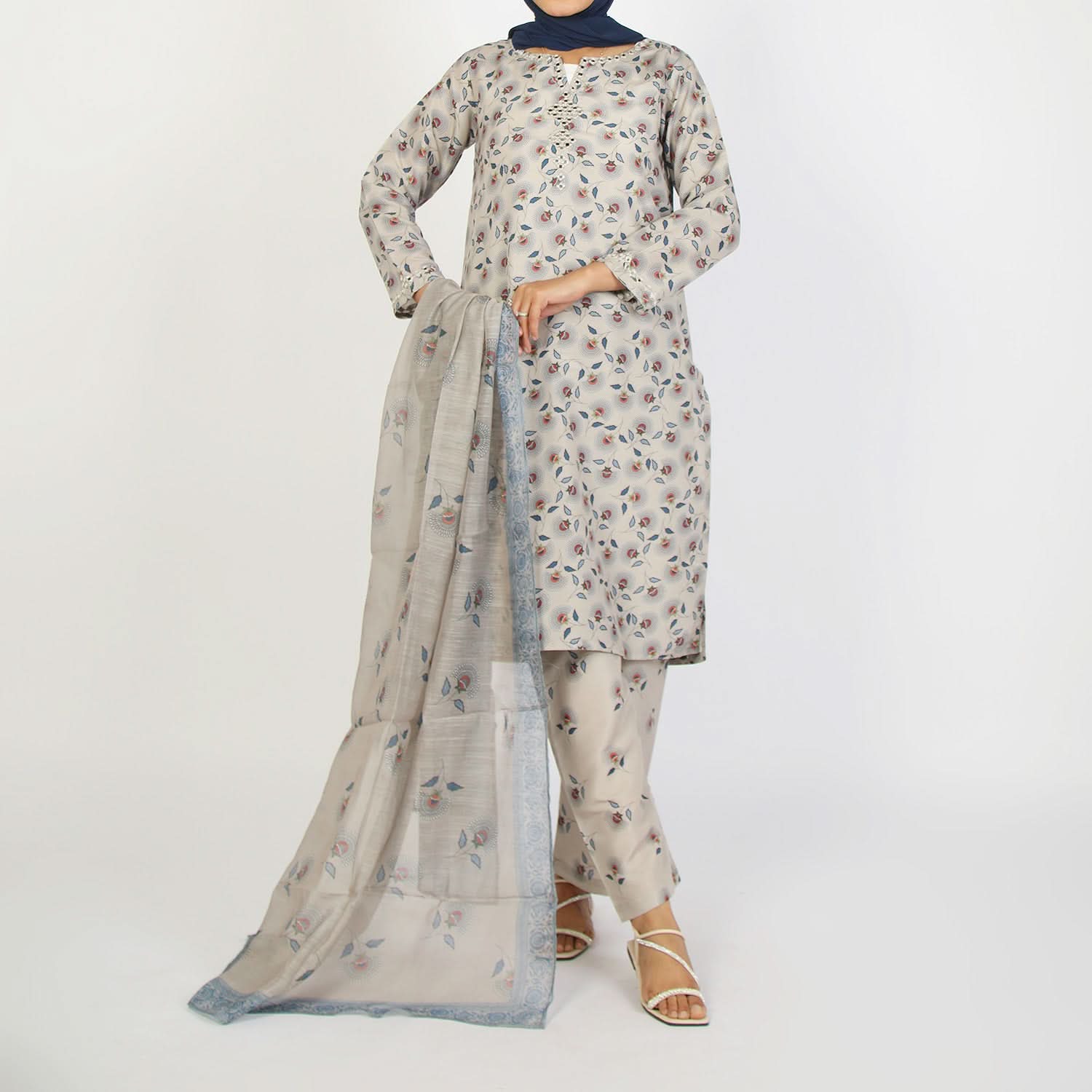 Women's Lawn Printed Embroidered 3Pcs Suit - Beige, Women Shalwar Suits, Chase Value, Chase Value
