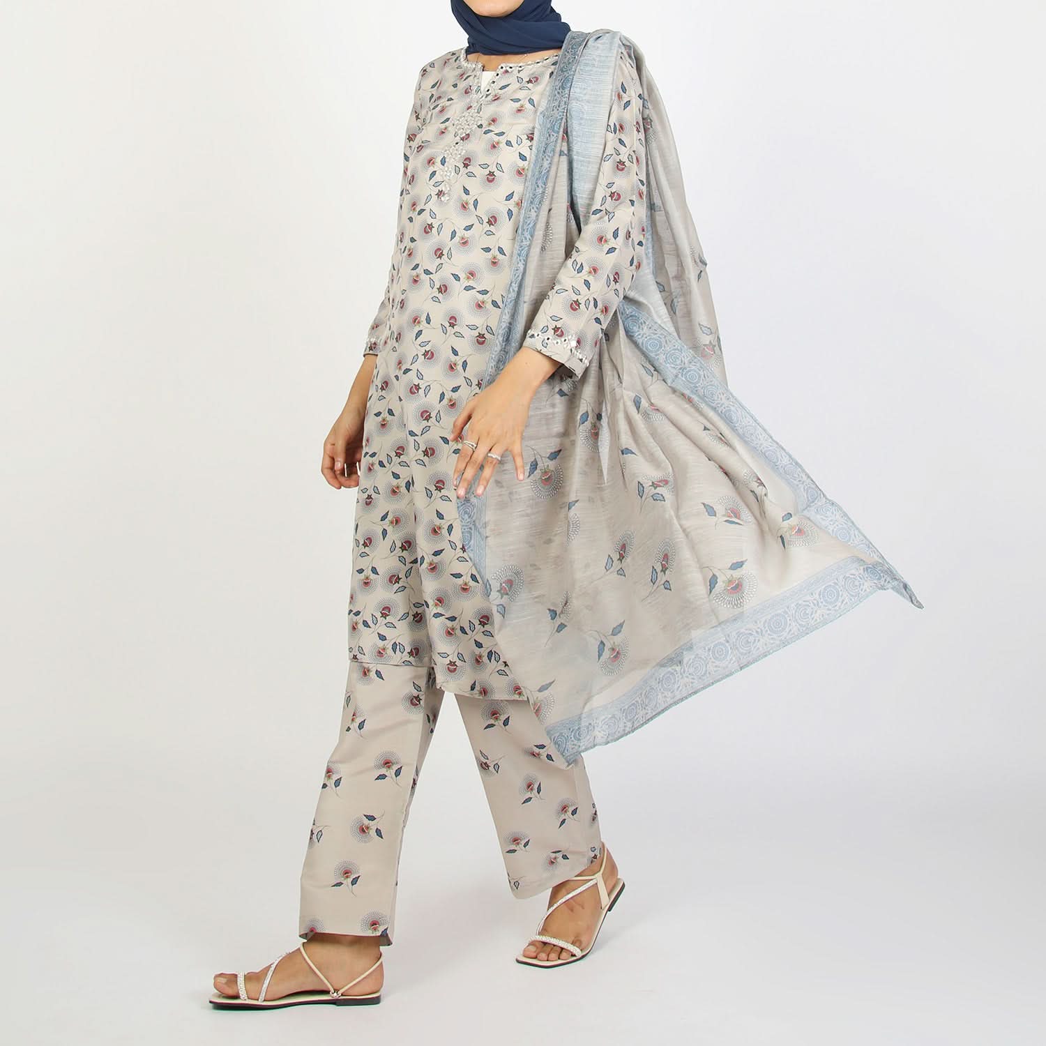 Women's Lawn Printed Embroidered 3Pcs Suit - Beige, Women Shalwar Suits, Chase Value, Chase Value