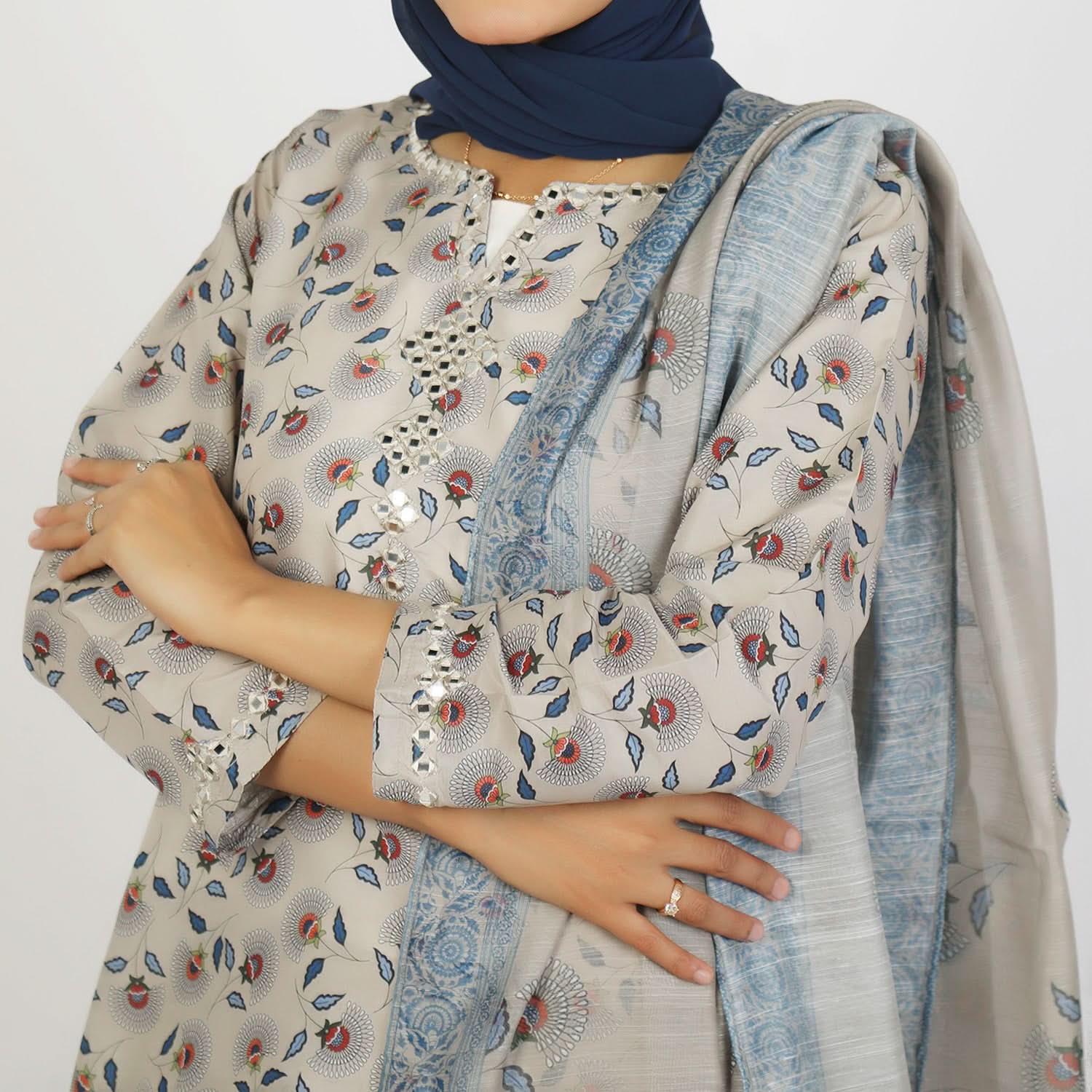Women's Lawn Printed Embroidered 3Pcs Suit - Beige, Women Shalwar Suits, Chase Value, Chase Value