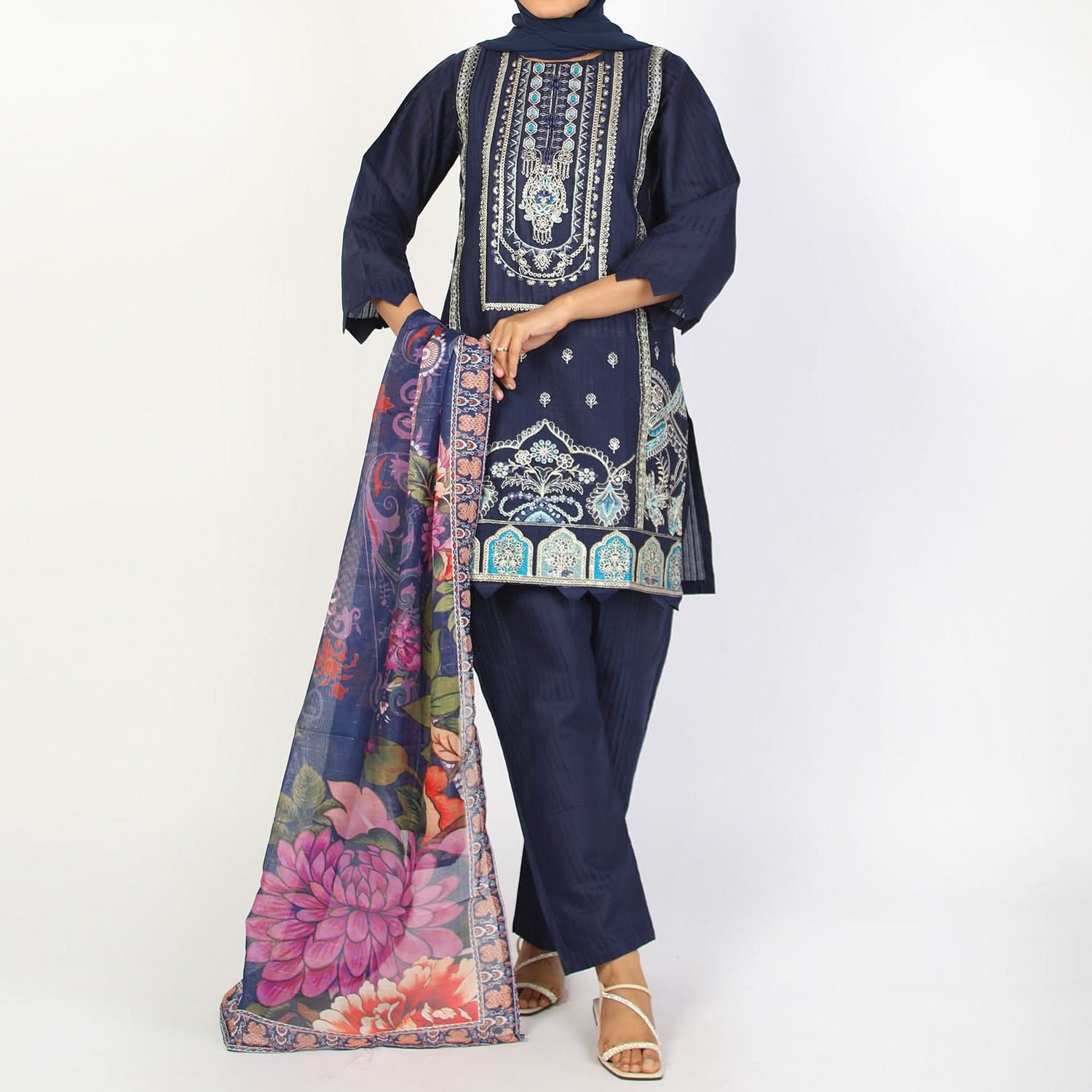 Women’s Stitched 3-Piece Cotton Suit – Navy Blue, Women Shalwar Suits, Chase Value, Chase Value