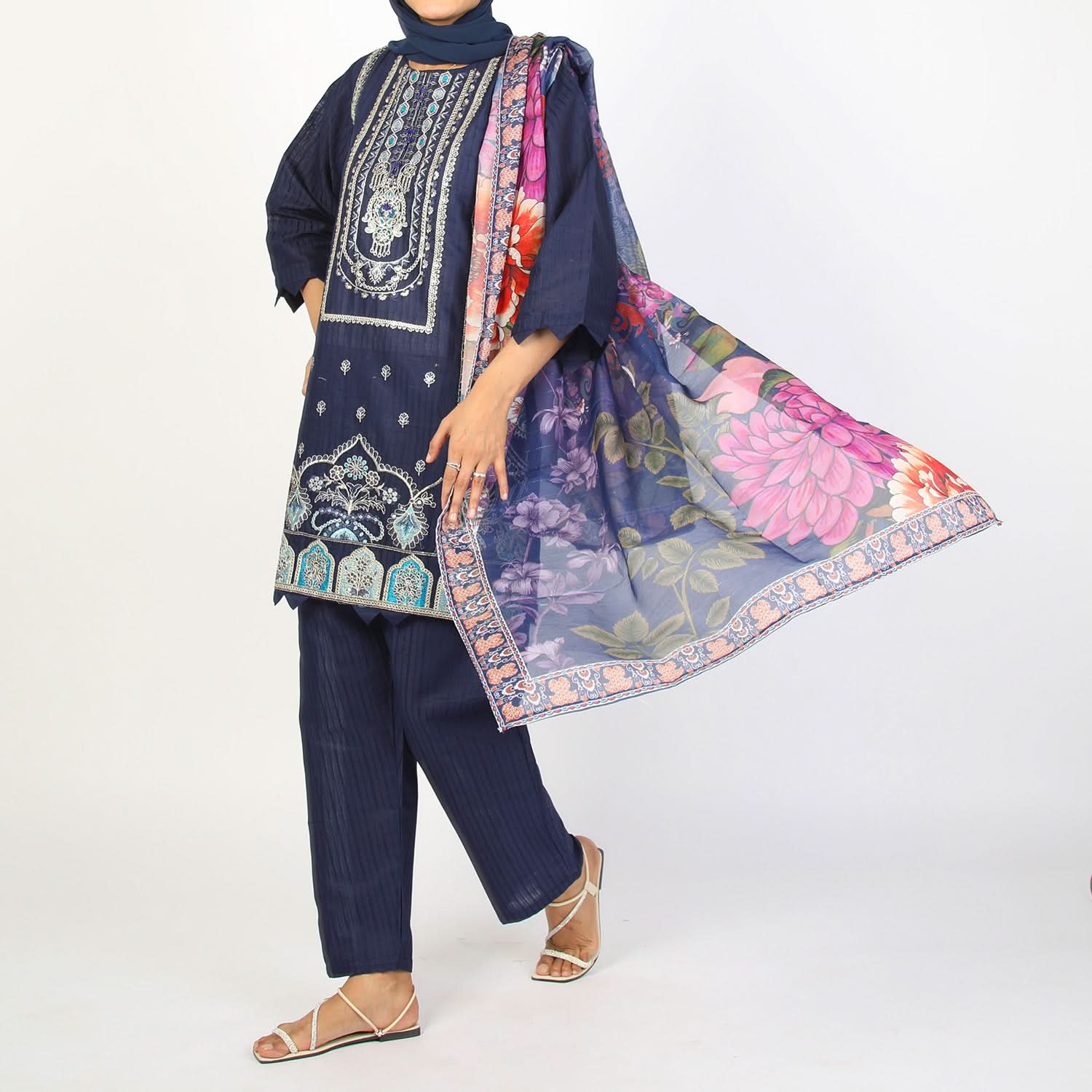 Women’s Stitched 3-Piece Cotton Suit – Navy Blue, Women Shalwar Suits, Chase Value, Chase Value