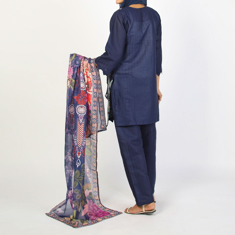 Women’s Stitched 3-Piece Cotton Suit – Navy Blue, Women Shalwar Suits, Chase Value, Chase Value