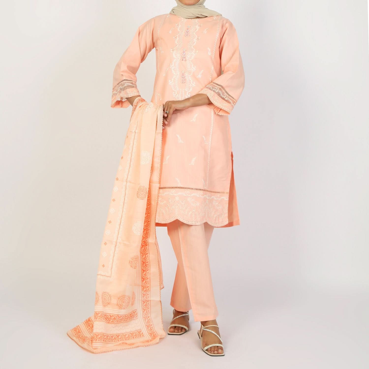 Women's Embroidered Jacquard 3Pcs Suit - Peach, Women Shalwar Suits, Chase Value, Chase Value