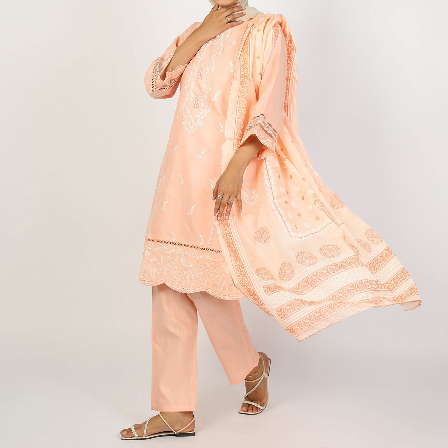 Women's Embroidered Jacquard 3Pcs Suit - Peach, Women Shalwar Suits, Chase Value, Chase Value