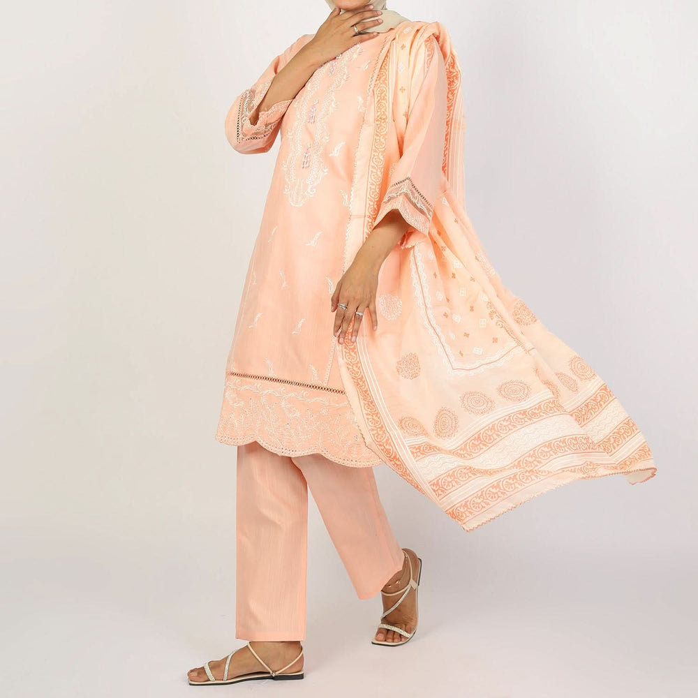 Women's Embroidered Jacquard 3Pcs Suit - Peach, Women Shalwar Suits, Chase Value, Chase Value
