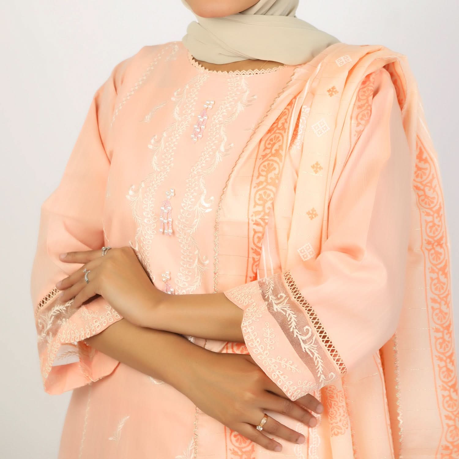 Women's Embroidered Jacquard 3Pcs Suit - Peach, Women Shalwar Suits, Chase Value, Chase Value