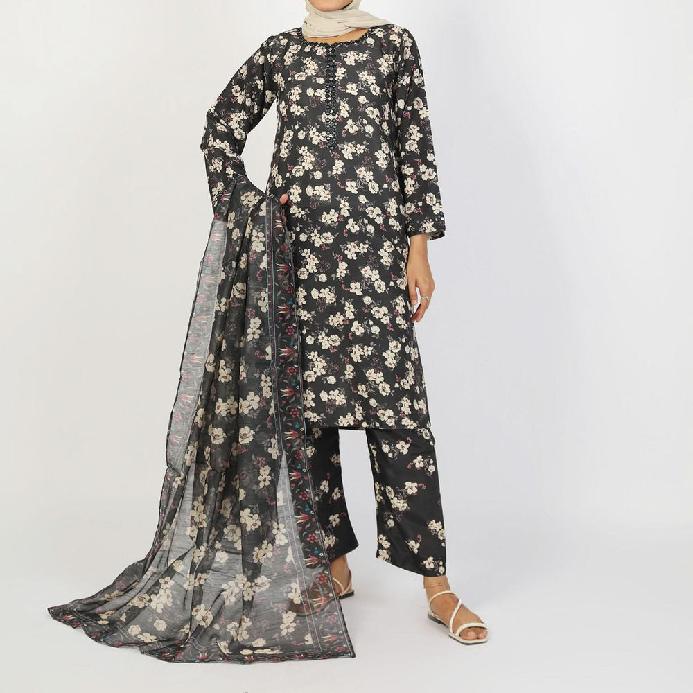 Women's Lawn Printed Embroidered 3Pcs Suit - Black, Women Shalwar Suits, Chase Value, Chase Value