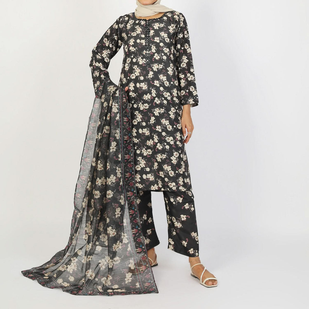 Women's Lawn Printed Embroidered 3Pcs Suit - Black, Women Shalwar Suits, Chase Value, Chase Value