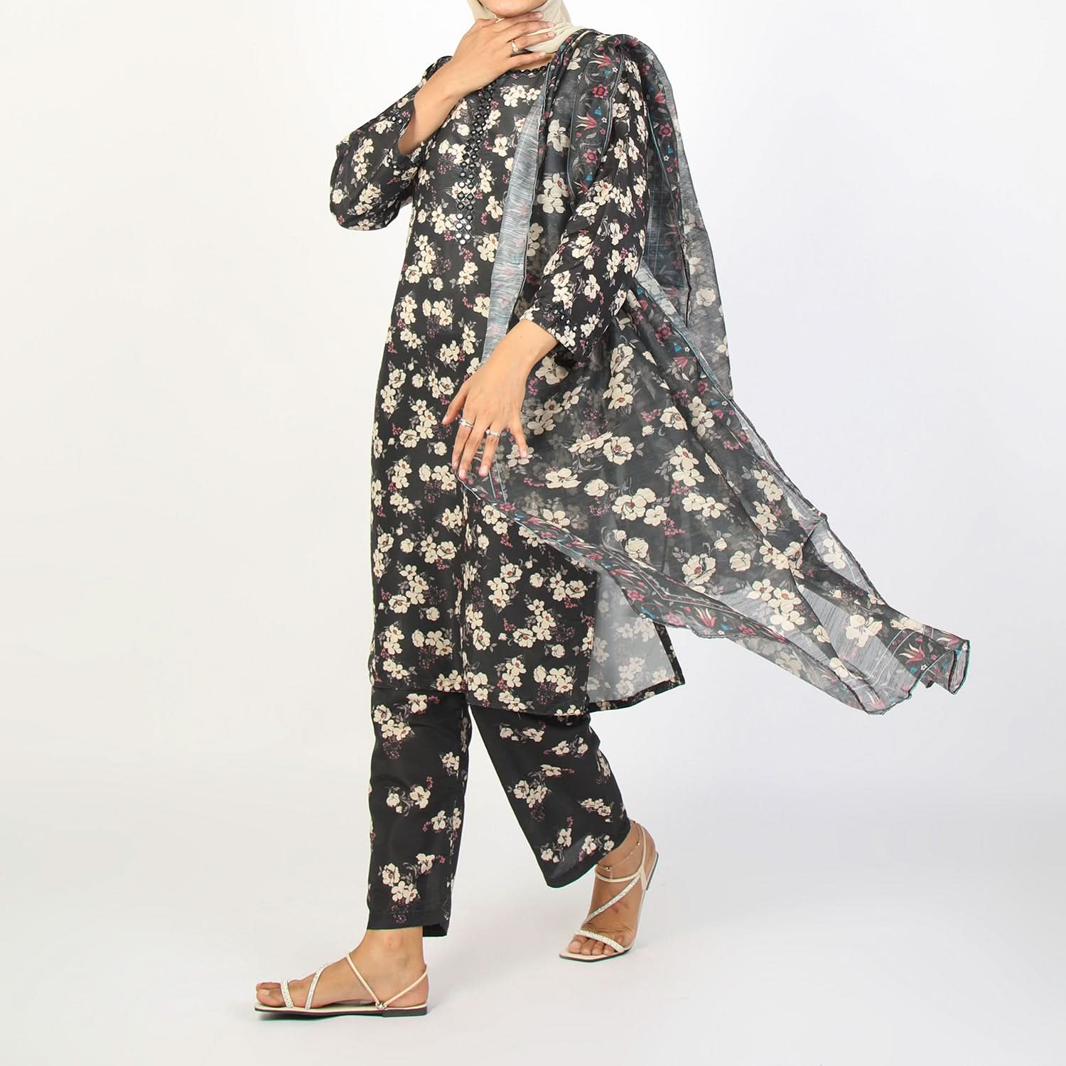 Women's Lawn Printed Embroidered 3Pcs Suit - Black, Women Shalwar Suits, Chase Value, Chase Value