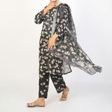 Women's Lawn Printed Embroidered 3Pcs Suit - Black, Women Shalwar Suits, Chase Value, Chase Value