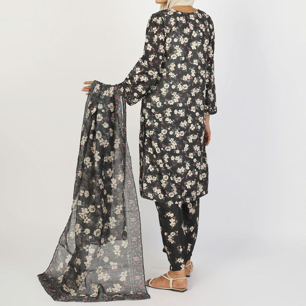 Women's Lawn Printed Embroidered 3Pcs Suit - Black, Women Shalwar Suits, Chase Value, Chase Value