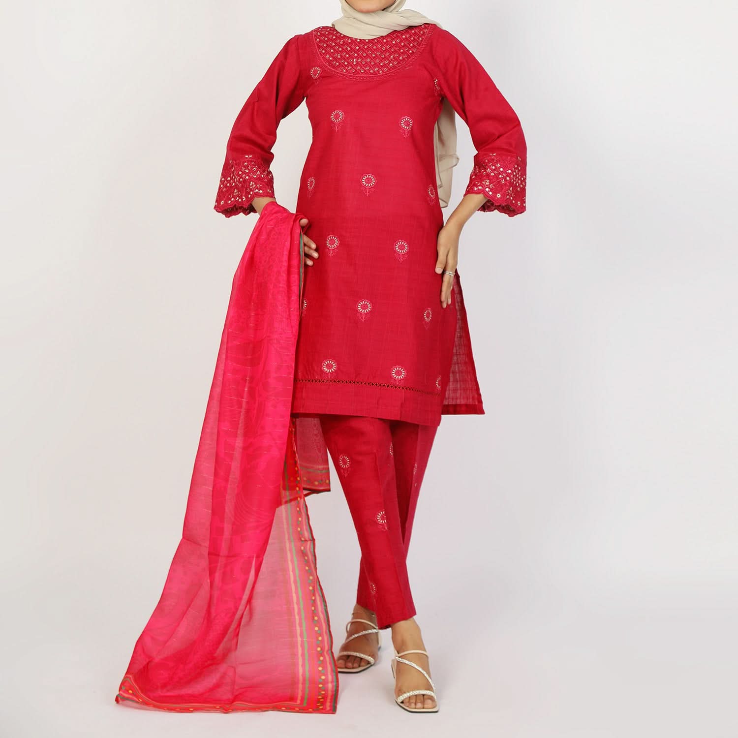 Women’s Stitched 3-Piece Cotton Suit –  Deep Red, Women Shalwar Suits, Chase Value, Chase Value
