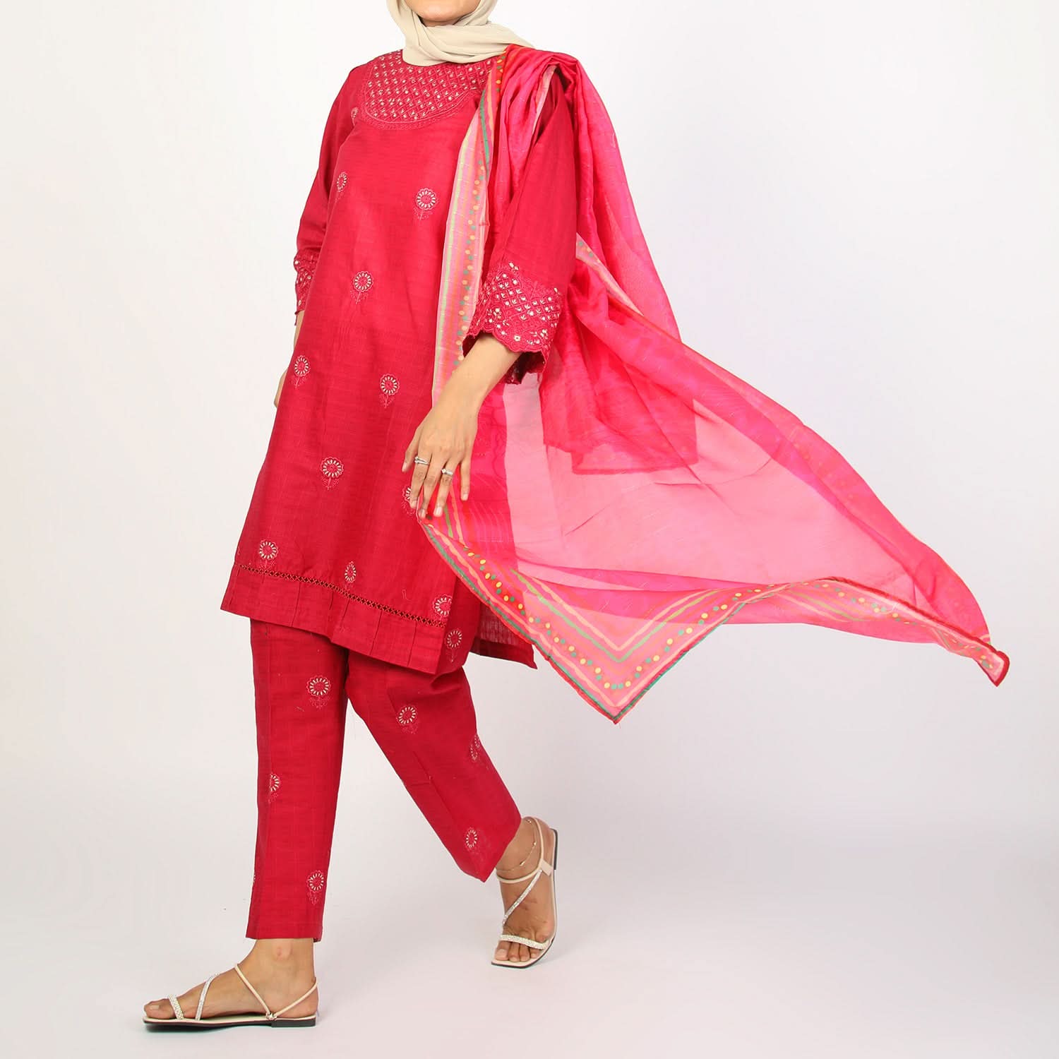 Women’s Stitched 3-Piece Cotton Suit –  Deep Red, Women Shalwar Suits, Chase Value, Chase Value