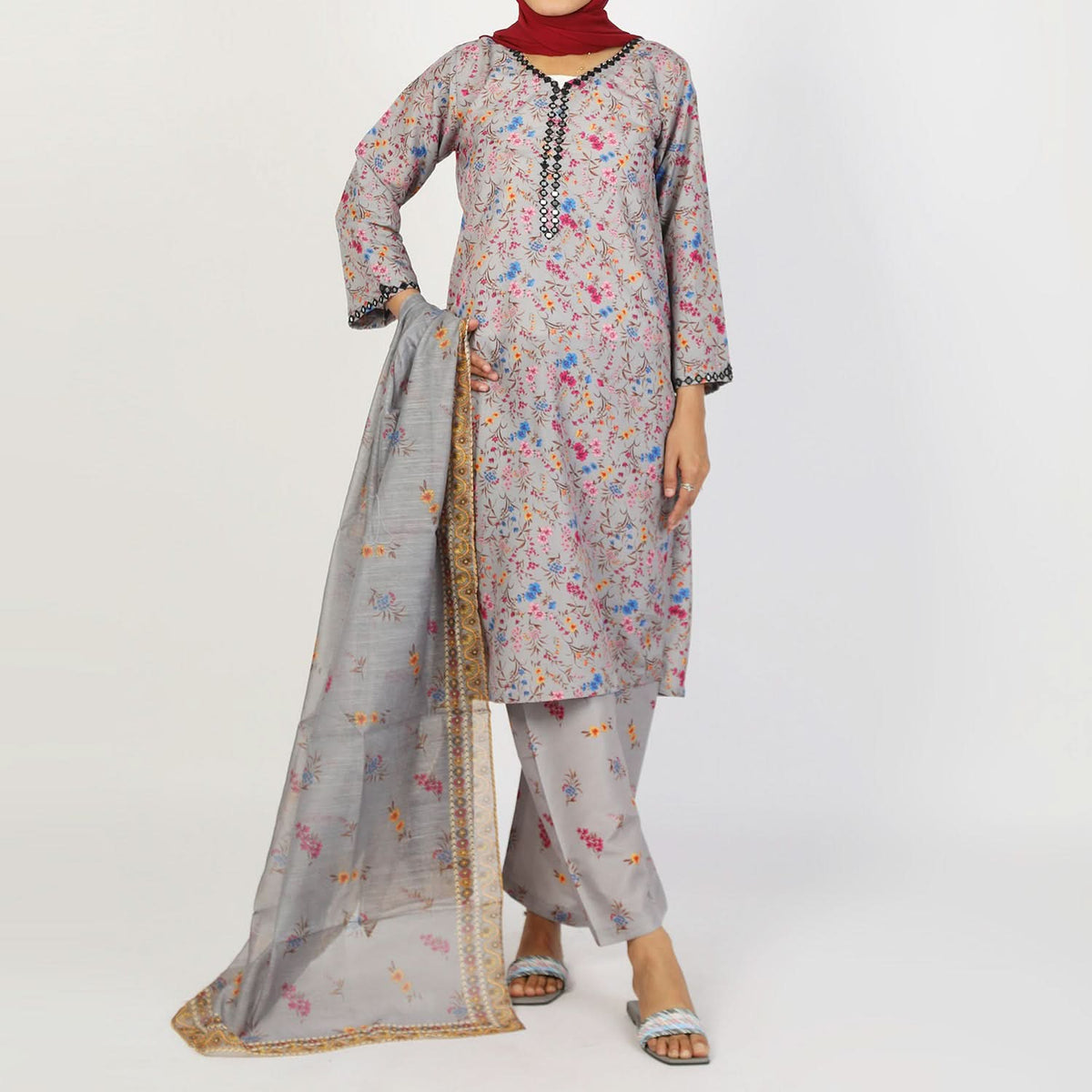 Women's Lawn Printed Embroidered 3Pcs Suit - Grey, Women Shalwar Suits, Chase Value, Chase Value