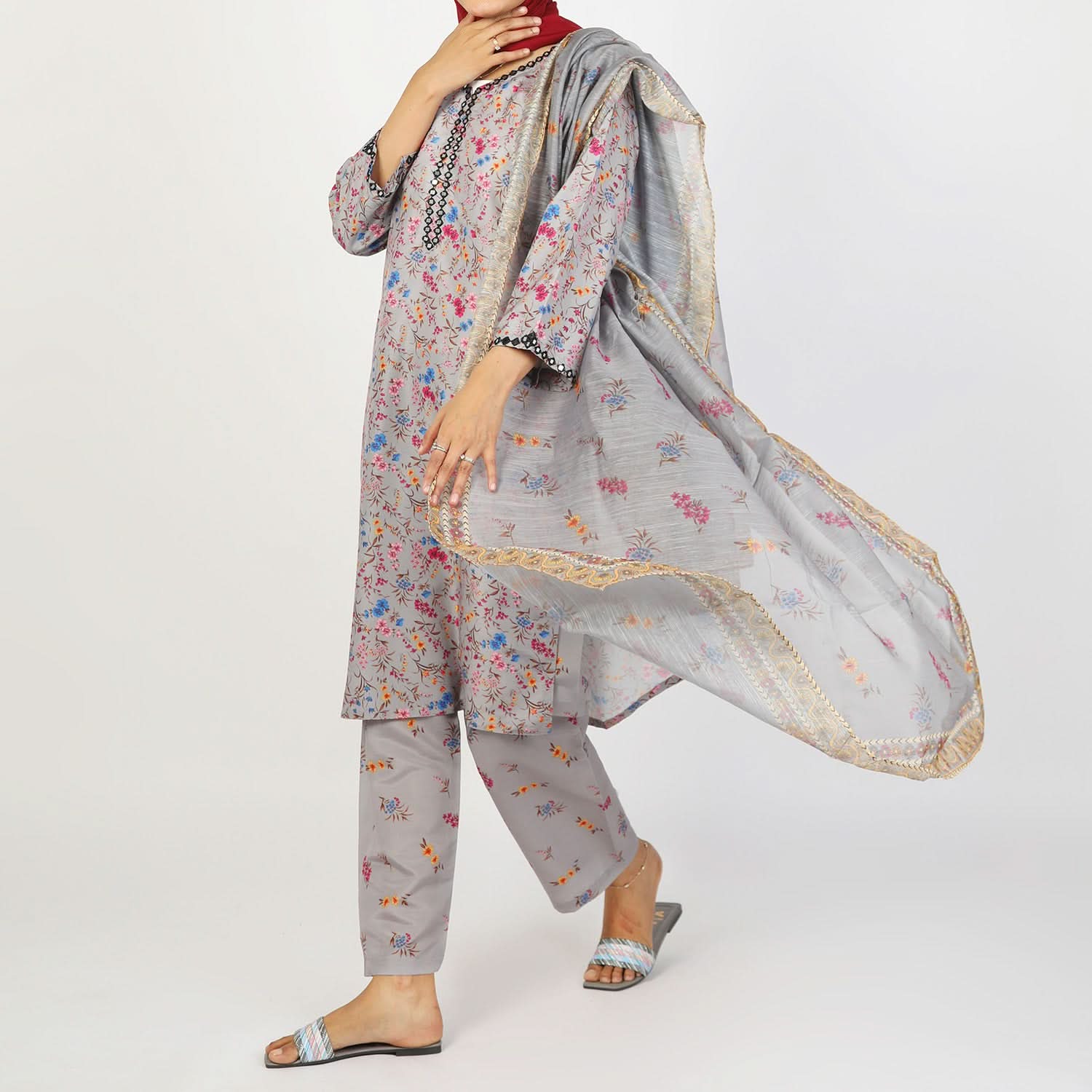 Women's Lawn Printed Embroidered 3Pcs Suit - Grey, Women Shalwar Suits, Chase Value, Chase Value