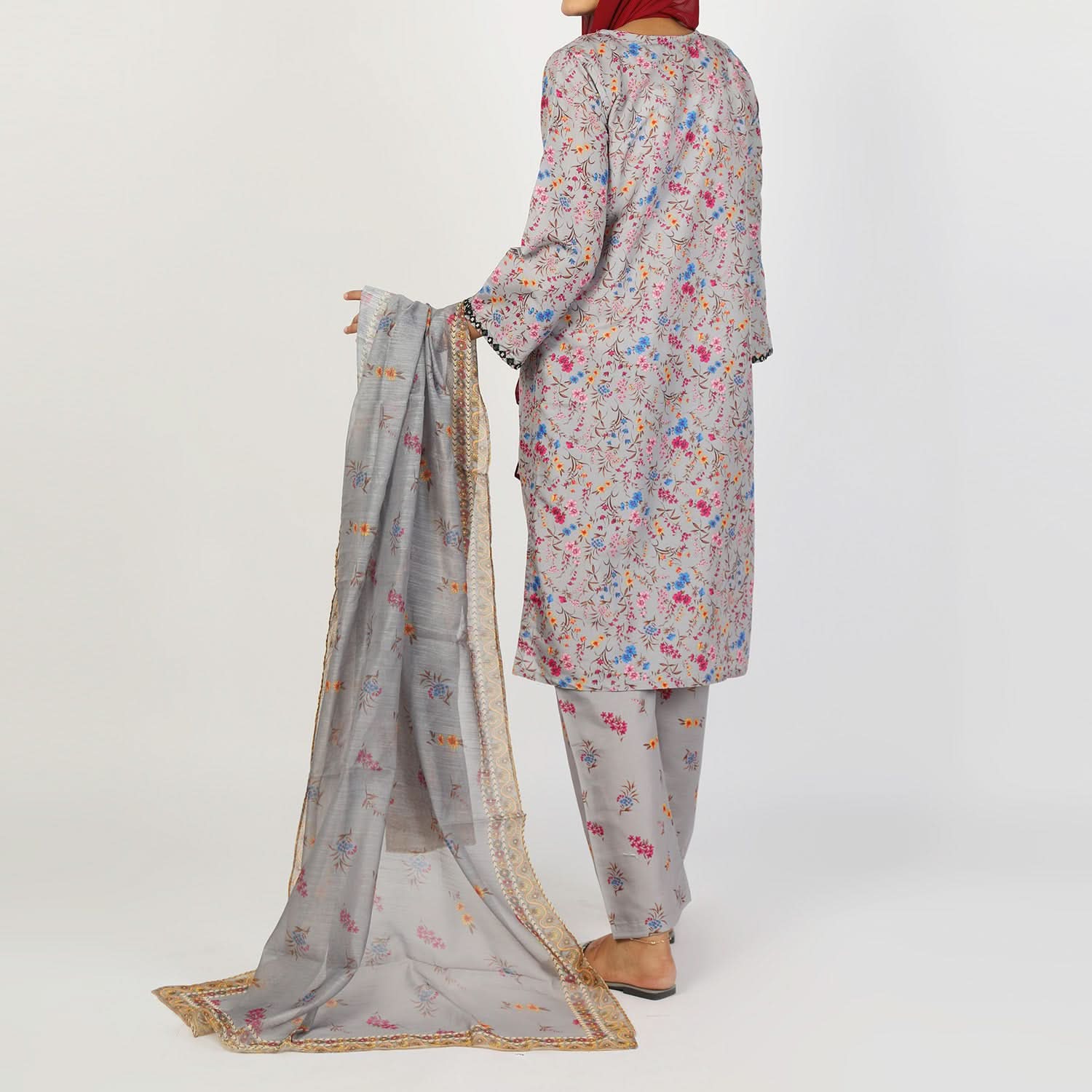 Women's Lawn Printed Embroidered 3Pcs Suit - Grey, Women Shalwar Suits, Chase Value, Chase Value