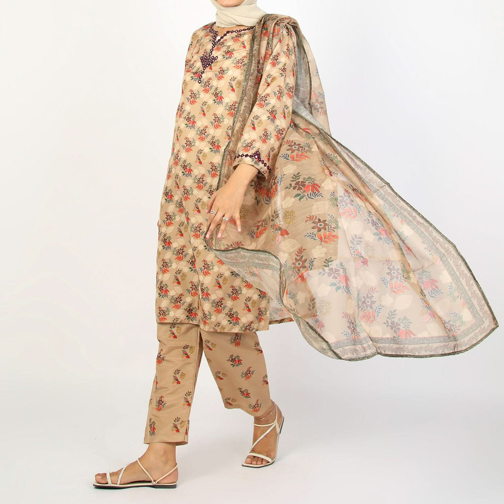 Women's Lawn Printed Embroidered 3Pcs Suit - Light Brown, Women Shalwar Suits, Chase Value, Chase Value