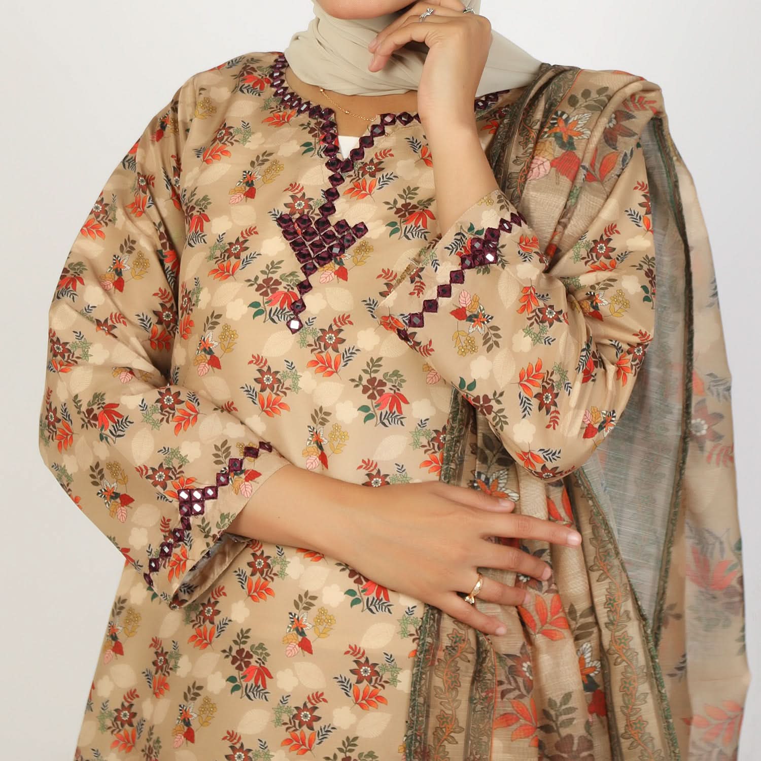 Women's Lawn Printed Embroidered 3Pcs Suit - Light Brown, Women Shalwar Suits, Chase Value, Chase Value