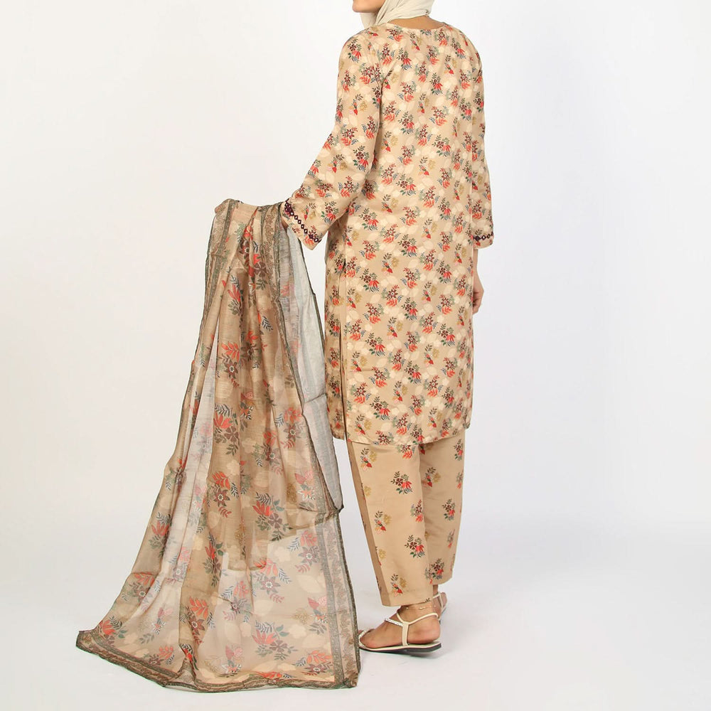 Women's Lawn Printed Embroidered 3Pcs Suit - Light Brown, Women Shalwar Suits, Chase Value, Chase Value