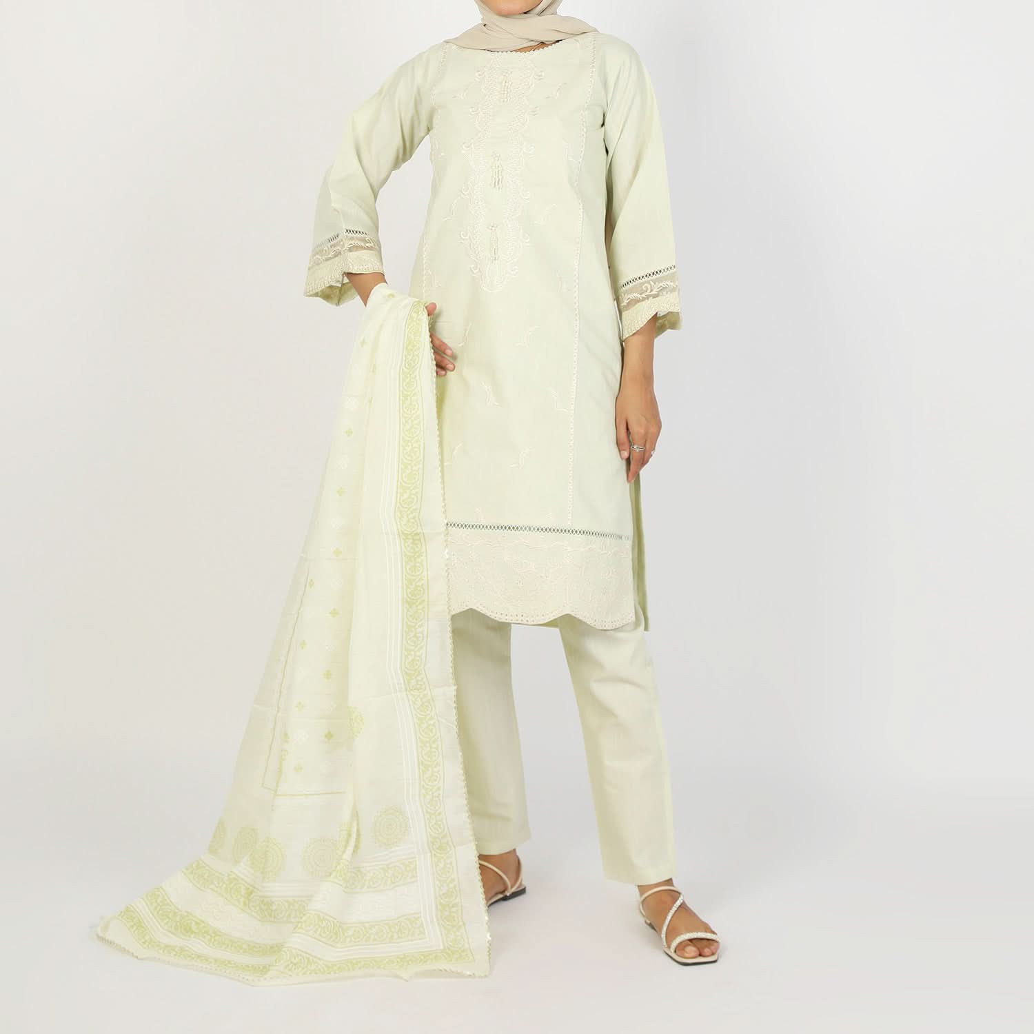 Women's Embroidered Jacquard 3Pcs Suit - Light Green, Women Shalwar Suits, Chase Value, Chase Value