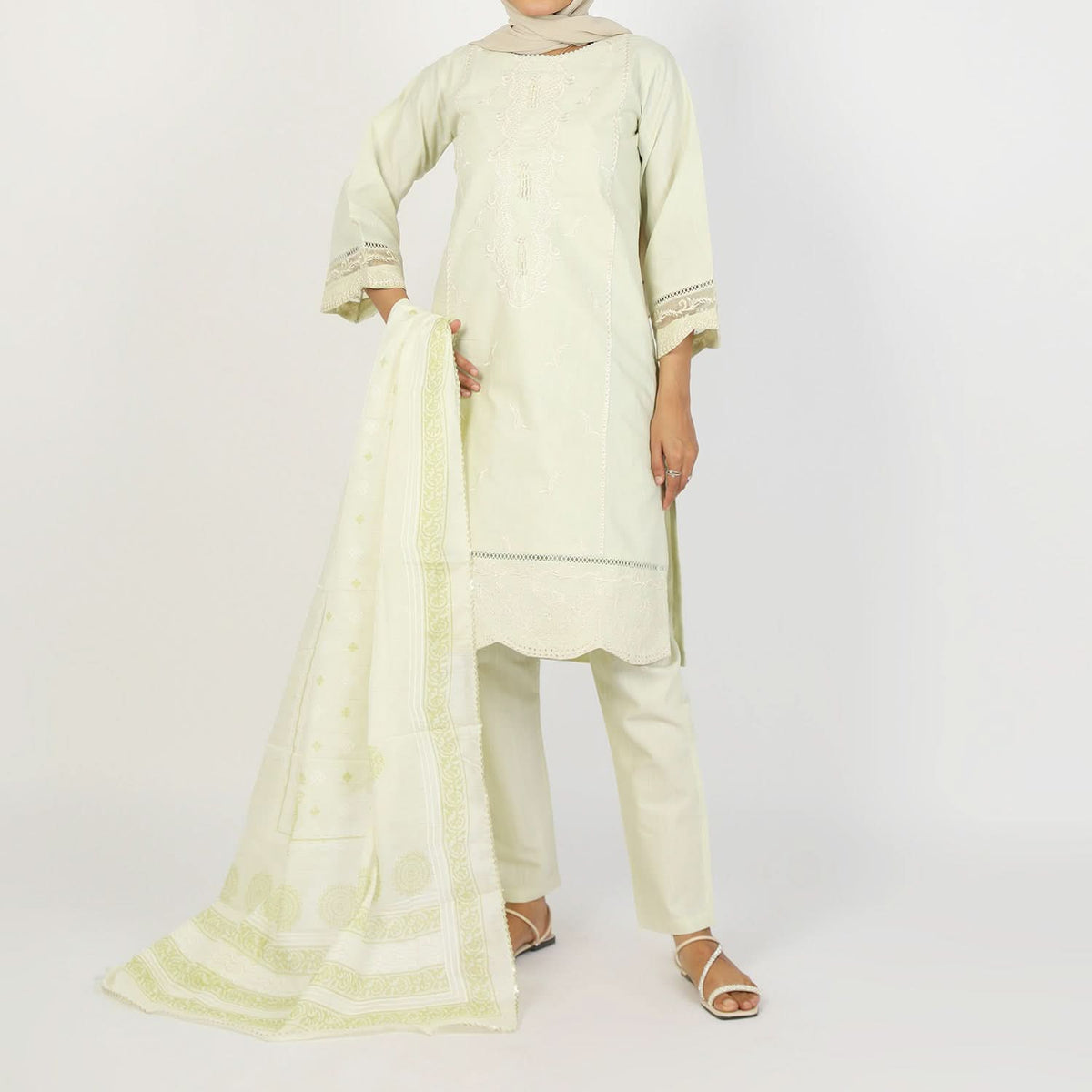 Women's Embroidered Jacquard 3Pcs Suit - Light Green, Women Shalwar Suits, Chase Value, Chase Value