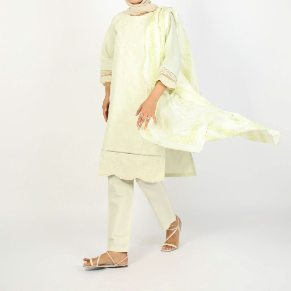 Women's Embroidered Jacquard 3Pcs Suit - Light Green, Women Shalwar Suits, Chase Value, Chase Value