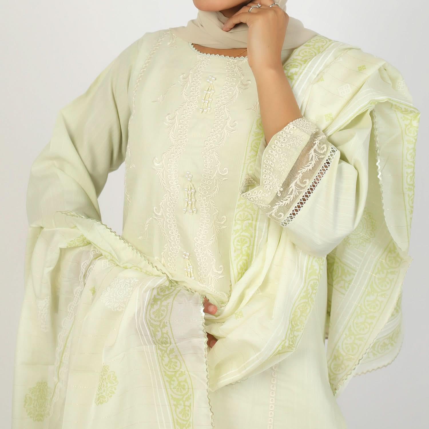 Women's Embroidered Jacquard 3Pcs Suit - Light Green, Women Shalwar Suits, Chase Value, Chase Value