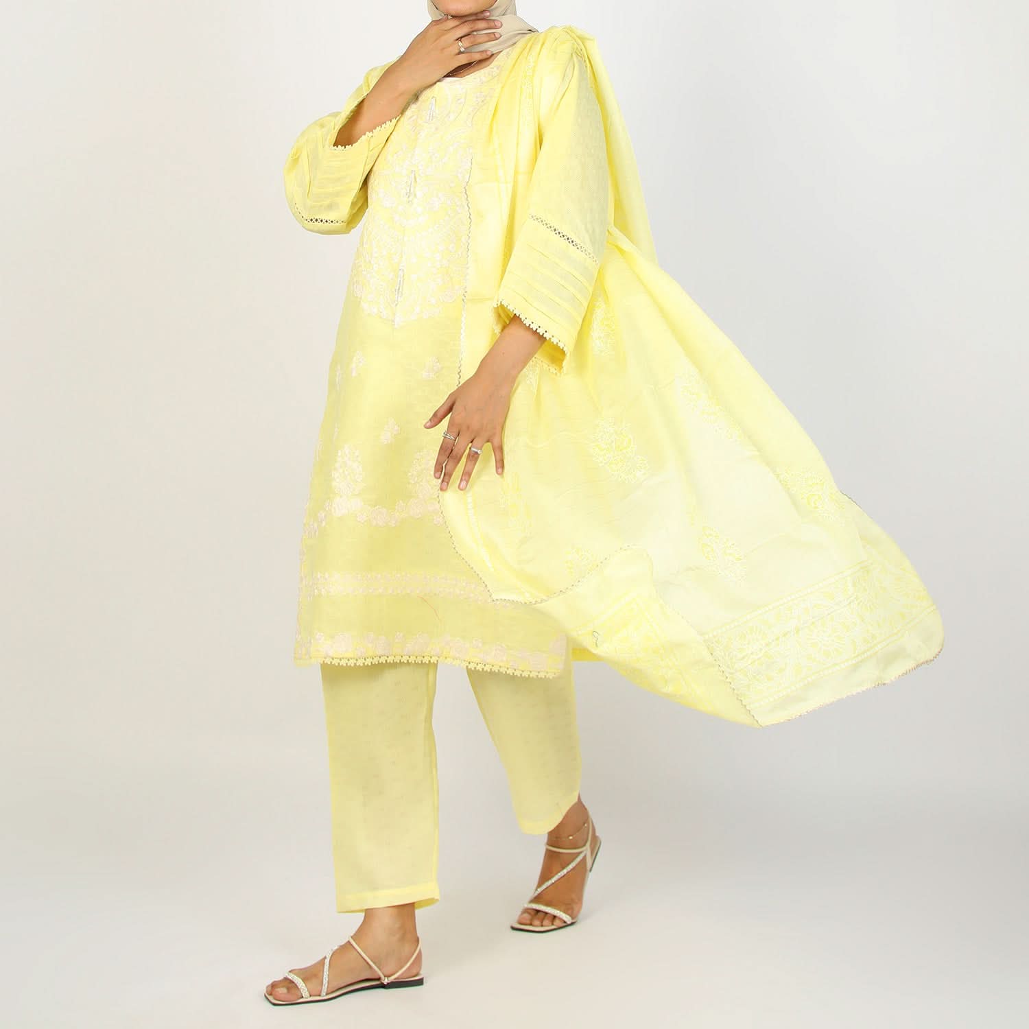 Women's Jacquard Embroidered 3Pcs Suit - Lemon, Women Shalwar Suits, Chase Value, Chase Value