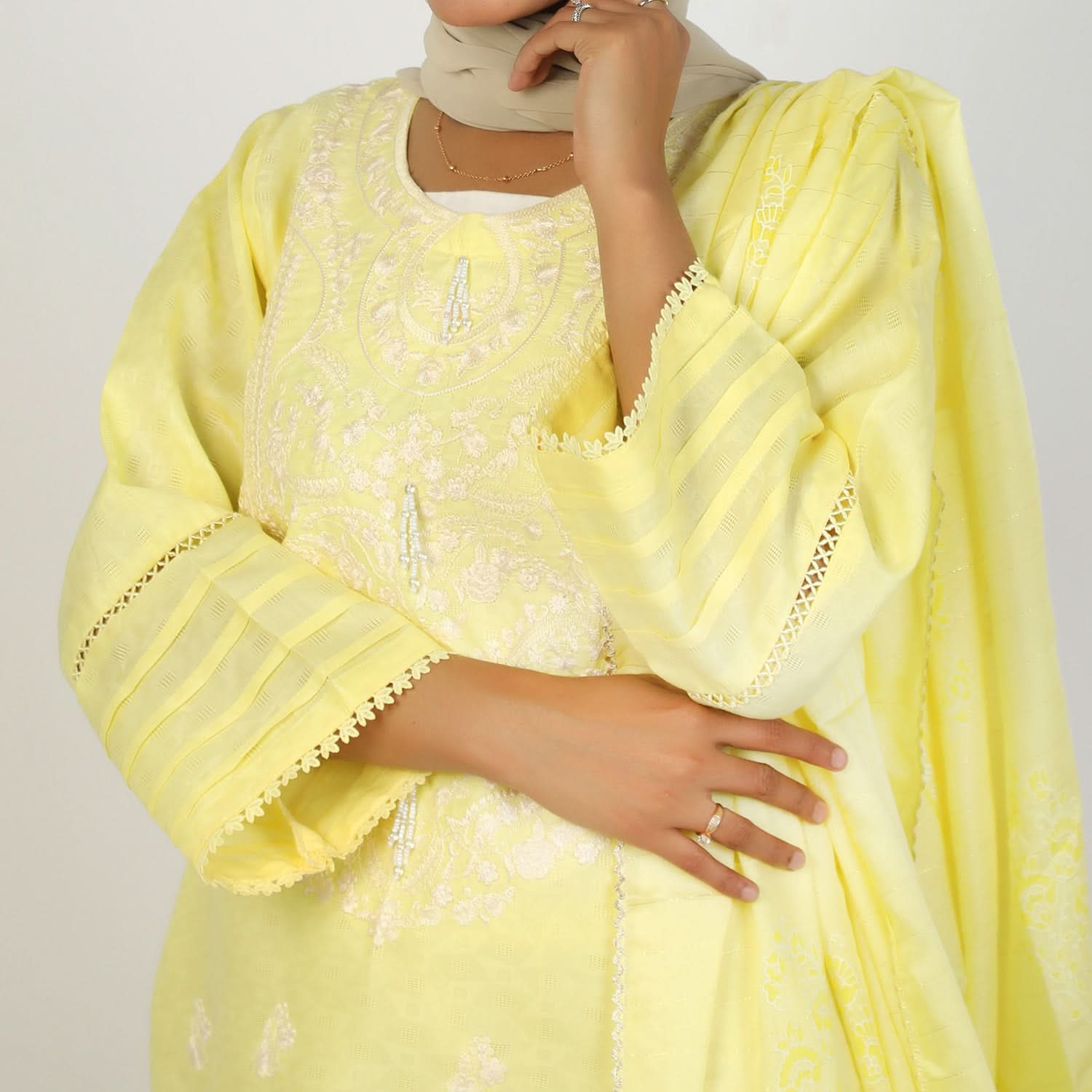 Women's Jacquard Embroidered 3Pcs Suit - Lemon, Women Shalwar Suits, Chase Value, Chase Value