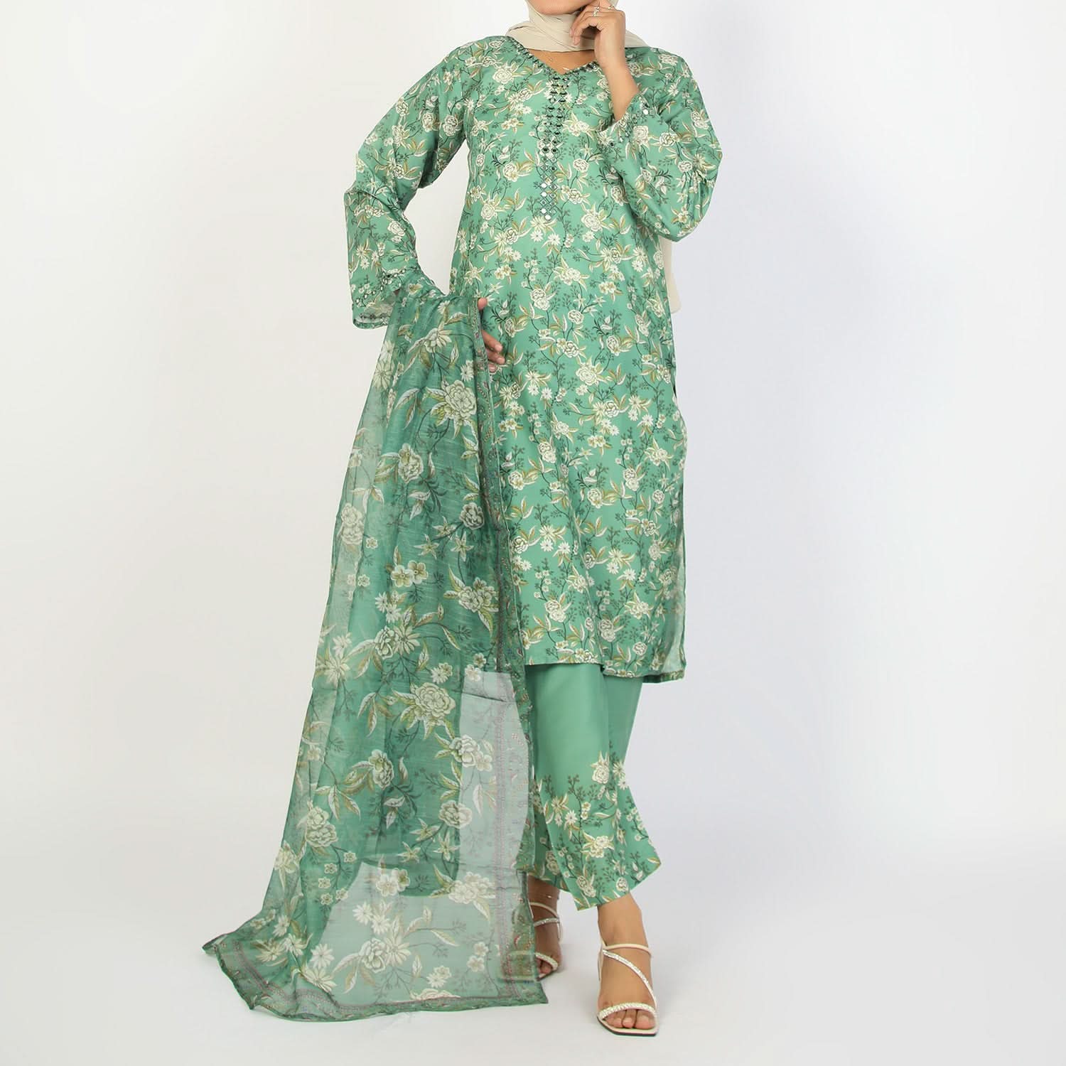 Women's Lawn Printed Embroidered 3Pcs Suit - Green, Women Shalwar Suits, Chase Value, Chase Value