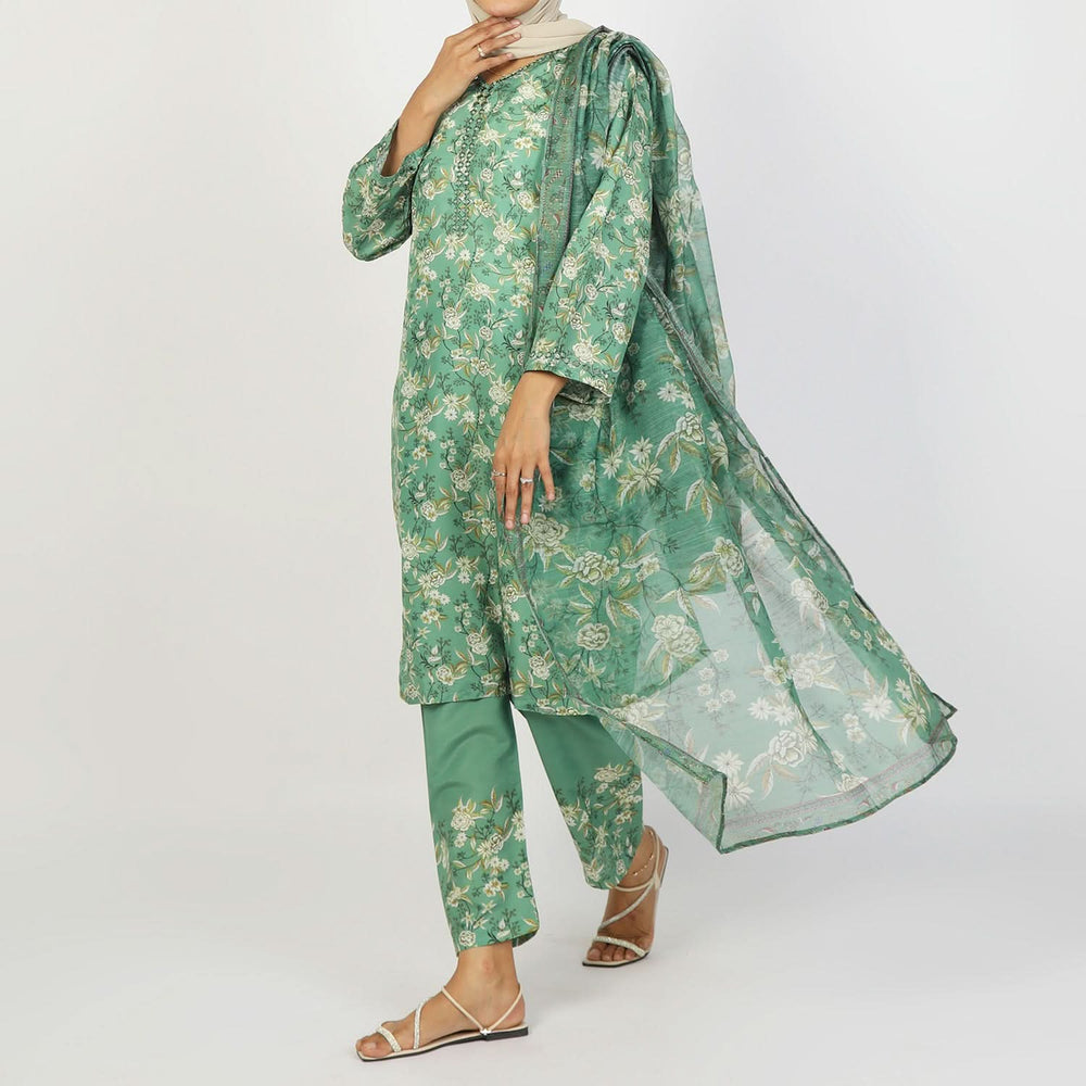 Women's Lawn Printed Embroidered 3Pcs Suit - Green, Women Shalwar Suits, Chase Value, Chase Value