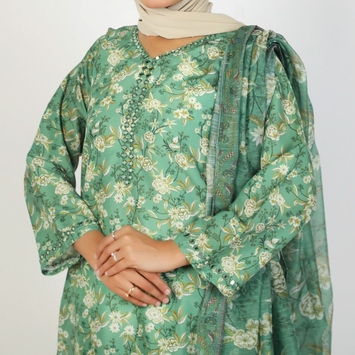 Women's Lawn Printed Embroidered 3Pcs Suit - Green, Women Shalwar Suits, Chase Value, Chase Value