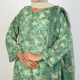 Women's Lawn Printed Embroidered 3Pcs Suit - Green, Women Shalwar Suits, Chase Value, Chase Value