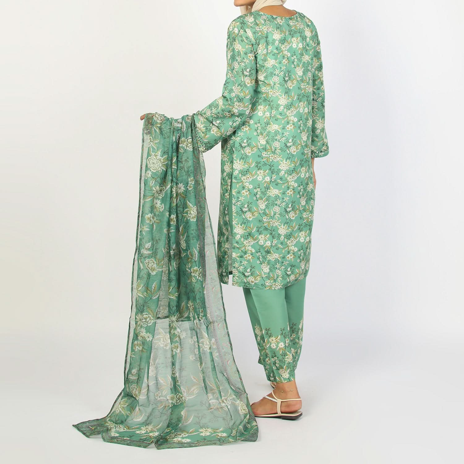 Women's Lawn Printed Embroidered 3Pcs Suit - Green, Women Shalwar Suits, Chase Value, Chase Value