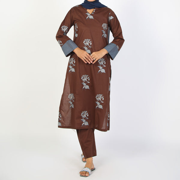 Women's Embroidered Eastern Co-ord Set - Brown